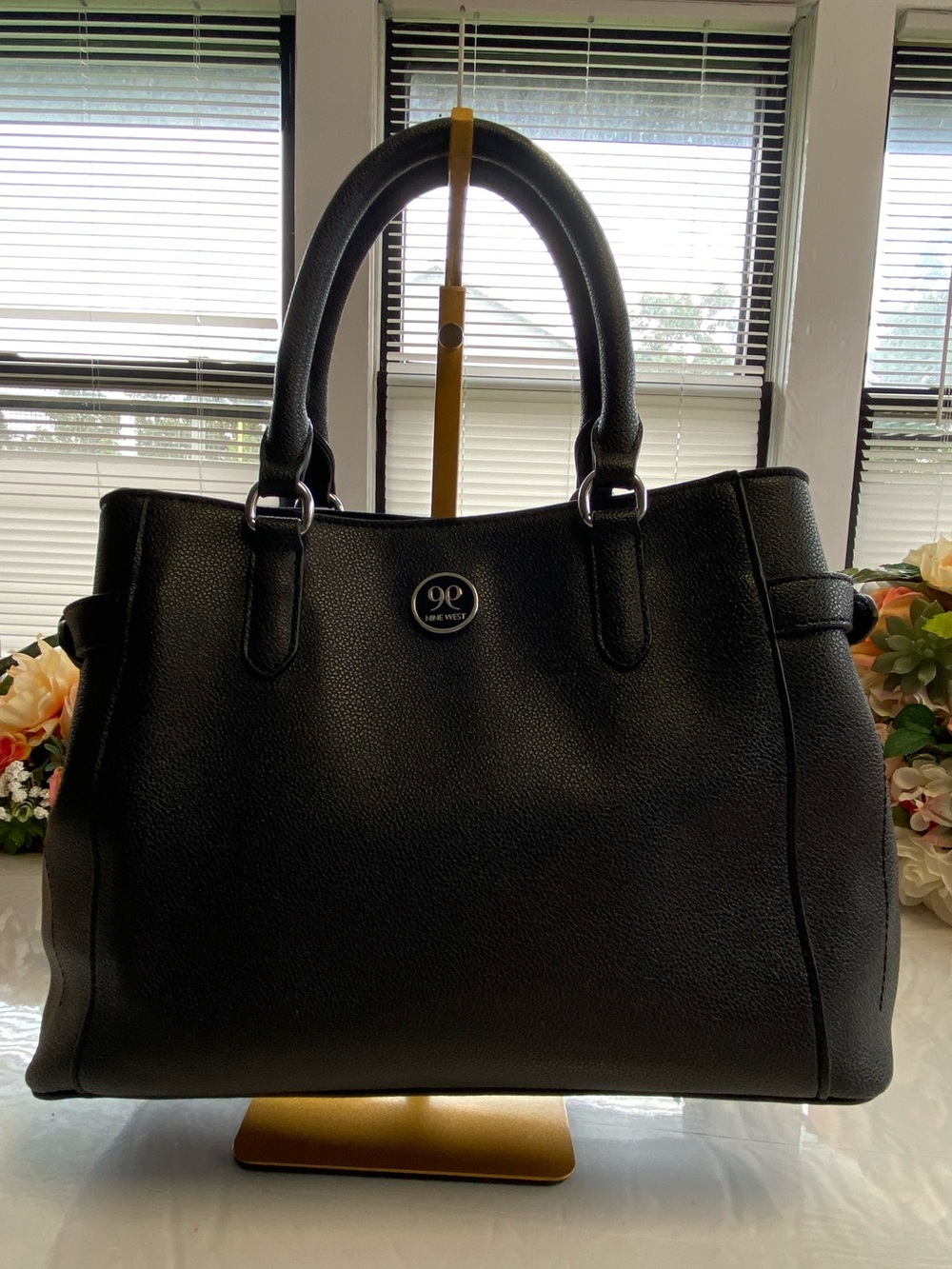 Nine West Pebbled Satchel Tote Black Triple Compartment Silver Hardware Handbag